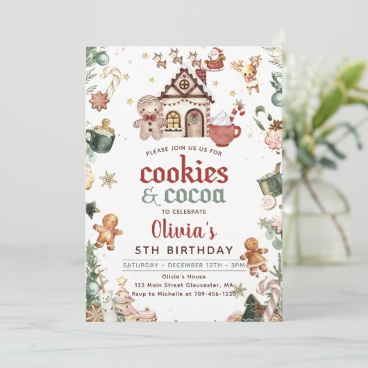 ウィンターグリーンクリスマスクッキーとココア誕生日 招待状 (スタンド正面)