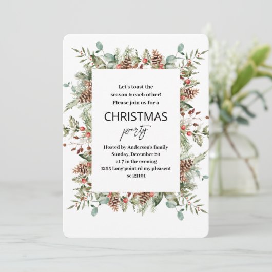 ウィンターグリーンパインコーンフレームクリスマス 招待状 (スタンド正面)