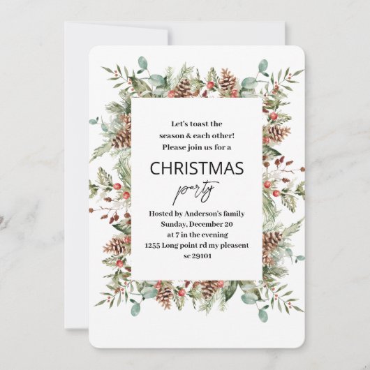 ウィンターグリーンパインコーンフレームクリスマス 招待状 (正面)