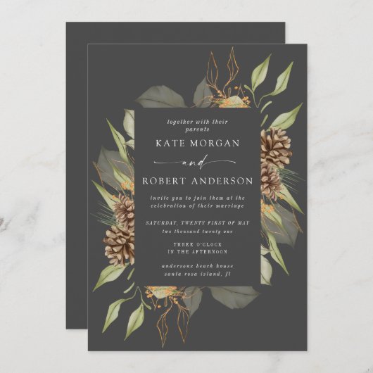 ウィンターグリーンリーゴールデンエレガントウェディング招待状 招待状 (正面/裏面)