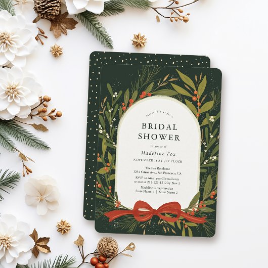 ウィンターグリーンリースレッドボウグリーンブライダルシャワー 招待状