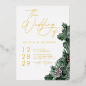ウィンターグリーンリーピネコーンクリスマスホリデ結婚ーズ 箔招待状 (正面)