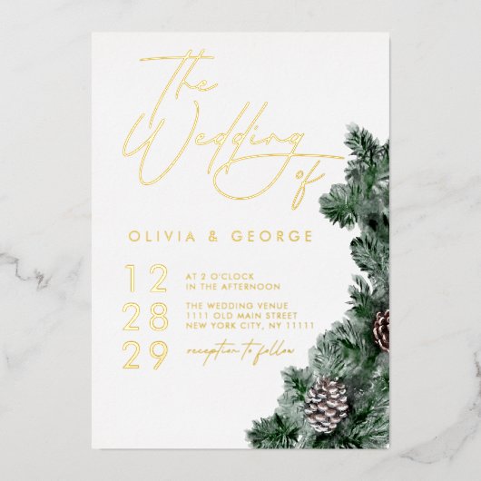 ウィンターグリーンリーピネコーンクリスマスホリデ結婚ーズ 箔招待状 (正面)