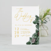 ウィンターグリーンリーピネコーンクリスマスホリデ結婚ーズ 箔招待状 (立ち正面)