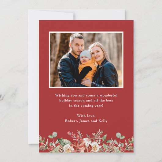 ウィンターグリーンレッドフローラメリークリスマスフォト シーズンカード (裏面)