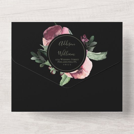 ウィンターグリーン花模様ブラック オールインワン招待状 (裏面)