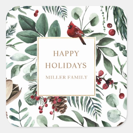 ウィンターグリーン（鳥）ショウジョウコウカンチョウハッピーホリデーズモノグラム スクエアシール (正面)