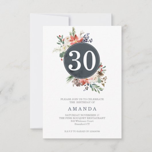 ウィンターグレイリースブーケナイエージ誕生日 招待状 (正面)