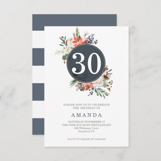 ウィンターグレイリースブーケナイエージ誕生日 招待状 (正面/裏面)