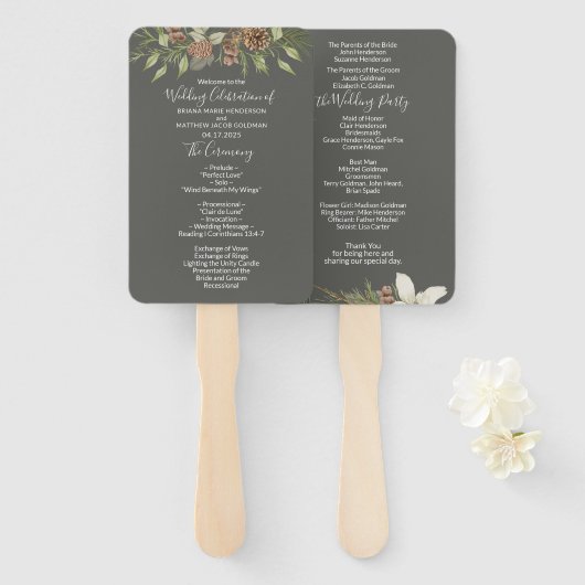 ウィンターグレーエレガントスクリプト結婚式 プログラム ハンドファン (正面&裏面)