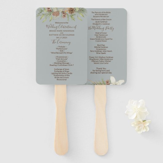 ウィンターグレーエレガントスクリプト結婚式 プログラム ハンドファン (正面&裏面)