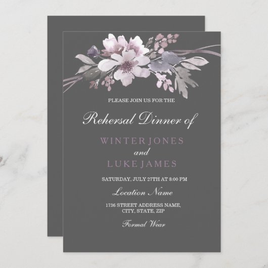 ウィンターグレーパープルフローラ結婚のリハーサルディナー 招待状 (正面/裏面)