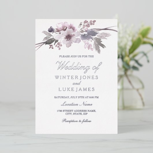 ウィンターグレーフローラ水結婚色のシルバー 箔招待状 (立ち正面)