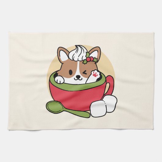 ウィンターココアブリス – 可愛い犬inマグカップデザイン キッチンタオル (横)