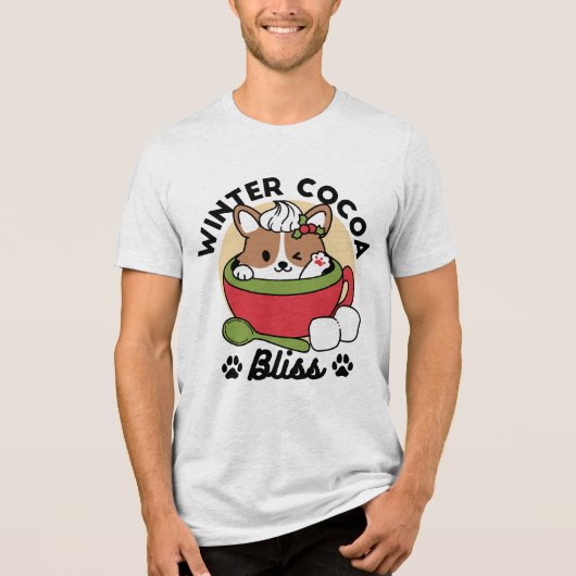 ウィンターココアブリス – 可愛い犬inマグカップデザイン トライブレンドTシャツ (正面)