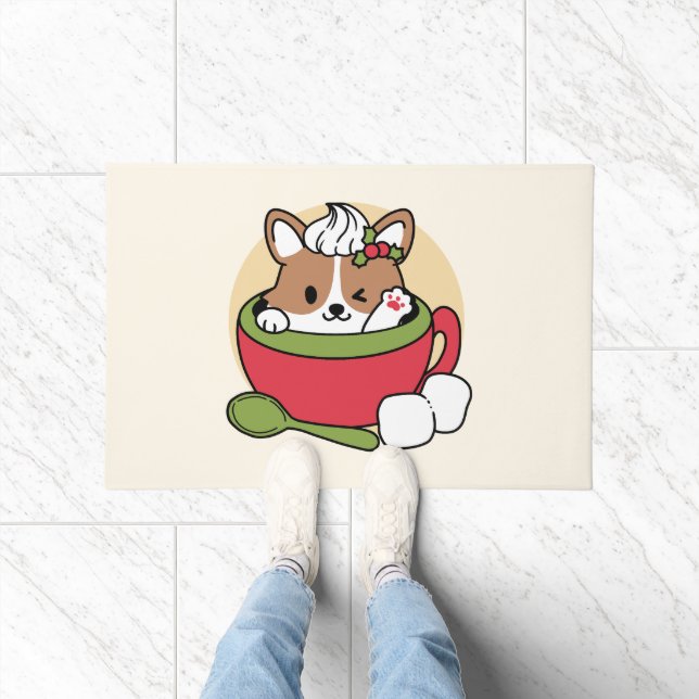 ウィンターココアブリス – 可愛い犬inマグカップデザイン ドアマット (室内)