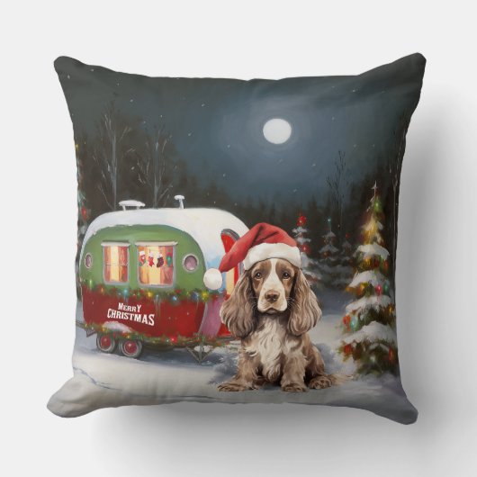 ウィンターコッカースパニエル犬キャラバンクリスマスアドベンチャー クッション (正面)