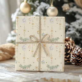 ウィンターコテージと金のスノーフレークのクリスマス ラッピングペーパー