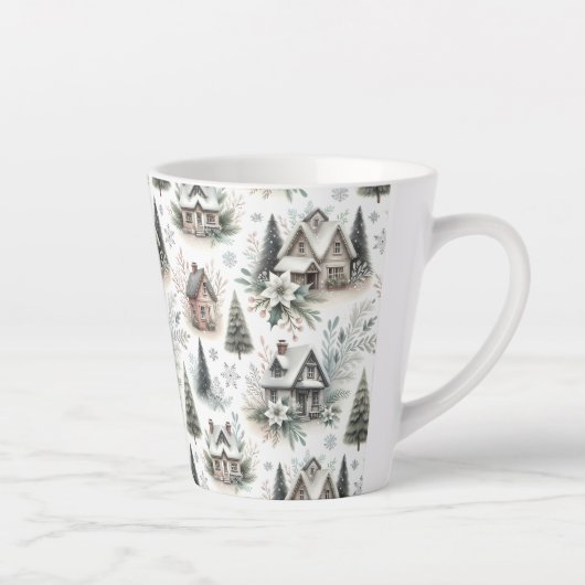 ウィンターコテージの雪景色パターン カフェラテマグ (右)