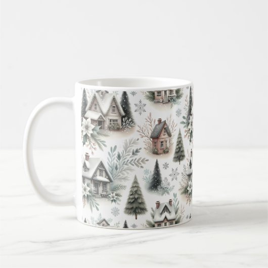 ウィンターコテージの雪景色パターン コーヒーマグカップ (左)