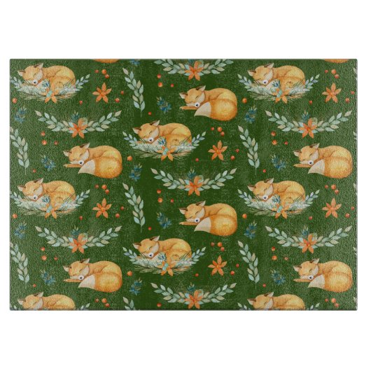 ウィンターコテージコアスリープキツネグリーンサービングトラ カッティングボード (正面)