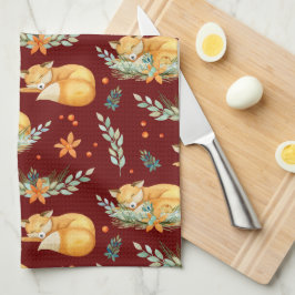 ウィンターコテージコアスリープキツネダークレッド キッチンタオル