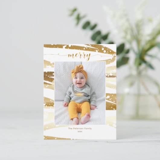 ウィンターゴールドスワッシュ メリースクリプト タイポグラフィ フォト ポストカード (スタンド正面)