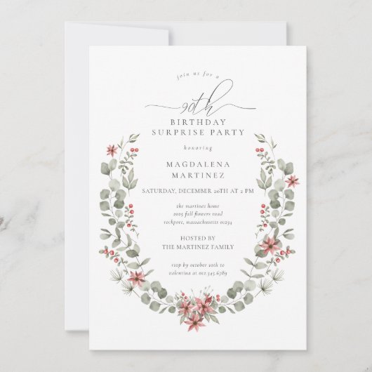 ウィンターサプライズパーティーグリーン90誕生日 招待状 (正面)