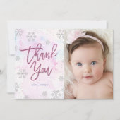 ウィンターサンキュー誕生日シルバーマゼンタグリッター サンキューカード (正面)