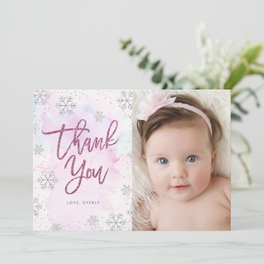 ウィンターサンキュー誕生日シルバーマゼンタグリッター サンキューカード (スタンド正面)