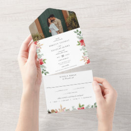 ウィンターシックボタニカルフローラグリーン結婚ズ オールインワン招待状