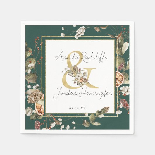 ウィンターシトラスボタニカル花模様 |グリーン結婚リー スタンダードカクテルナプキン (正面)