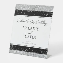 ウィンターシルバーとブラックグリッター結婚の歓迎 台座サイン