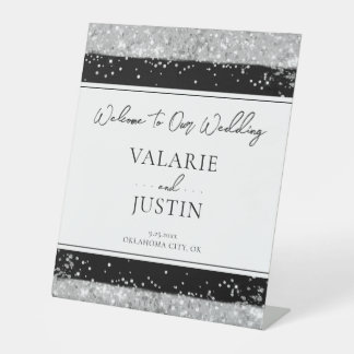 ウィンターシルバーとブラックグリッター結婚の歓迎 台座サイン