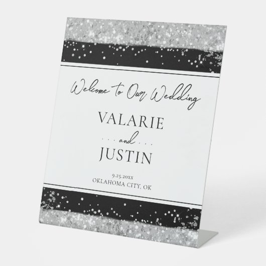 ウィンターシルバーとブラックグリッター結婚の歓迎 台座サイン (正面)