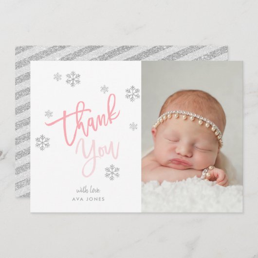 ウィンターシルバーグリッタースノーフレークありがとう写真 招待状 (正面/裏面)