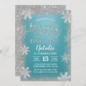 ウィンターシルバースノーフレークターコイズ1st誕生日 招待状 (正面/裏面)