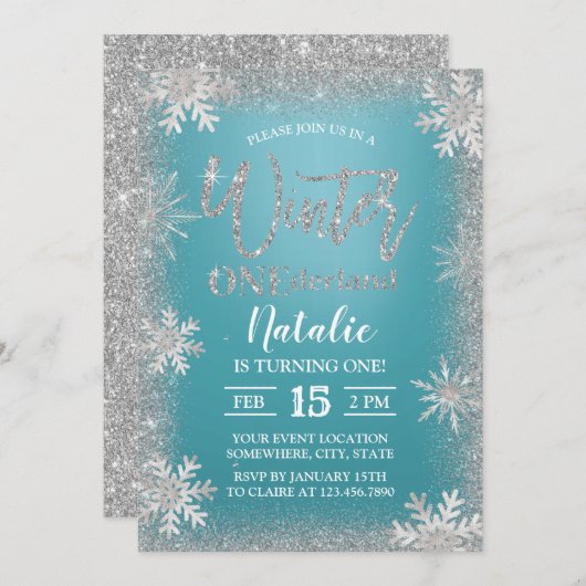 ウィンターシルバースノーフレークターコイズ1st誕生日 招待状 (正面/裏面)