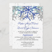 ウィンターシルバーネイビーブルー雪結婚片 招待状 (正面/裏面)