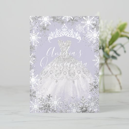 ウィンターシルバーパープルスノーフレークキンセアニェラ 箔招待状 (立ち正面)