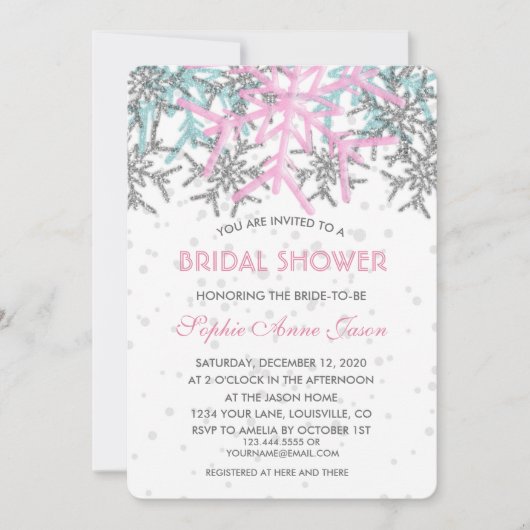 ウィンターシルバーピンクブルースノーフレークブライダルシャワー 招待状 (正面)
