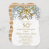 ウィンターシルバーピンクブルースノーフレーク50誕生日 招待状 (正面/裏面)