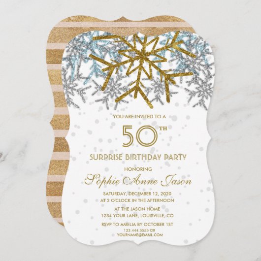 ウィンターシルバーピンクブルースノーフレーク50誕生日 招待状 (正面/裏面)