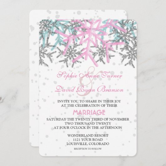 ウィンターシルバーピンクブルー雪結婚片 招待状 (正面/裏面)