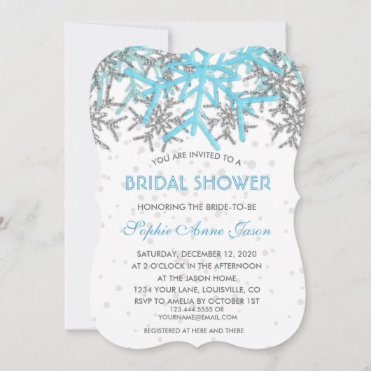 ウィンターシルバーブルースノーフレークブライダルシャワー 招待状 (正面)