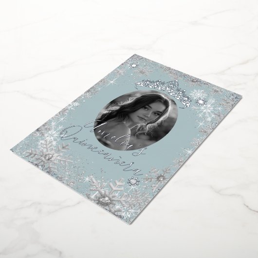 ウィンターシルバーブルースノーフレーク写真キンセアニェラ 箔招待状 (回転した状態)