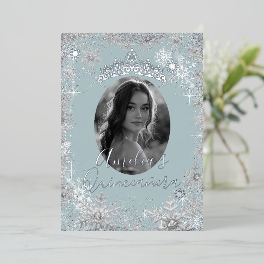 ウィンターシルバーブルースノーフレーク写真キンセアニェラ 箔招待状 (立ち正面)