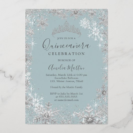 ウィンターシルバーブルースノーフレーク写真キンセアニェラ 箔招待状 (裏面)