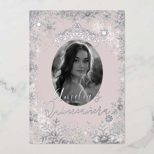ウィンターシルバーベージュスノーフレーク写真キンセアニェラ 箔招待状 (正面)