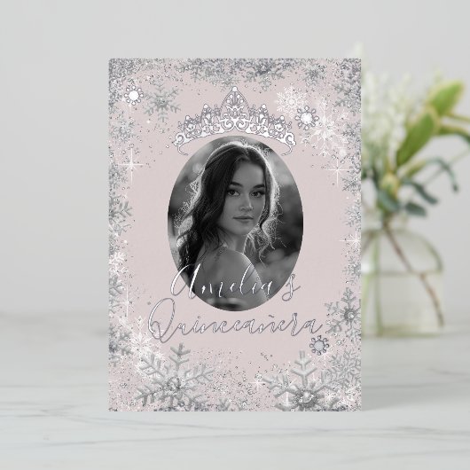 ウィンターシルバーベージュスノーフレーク写真キンセアニェラ 箔招待状 (立ち正面)
